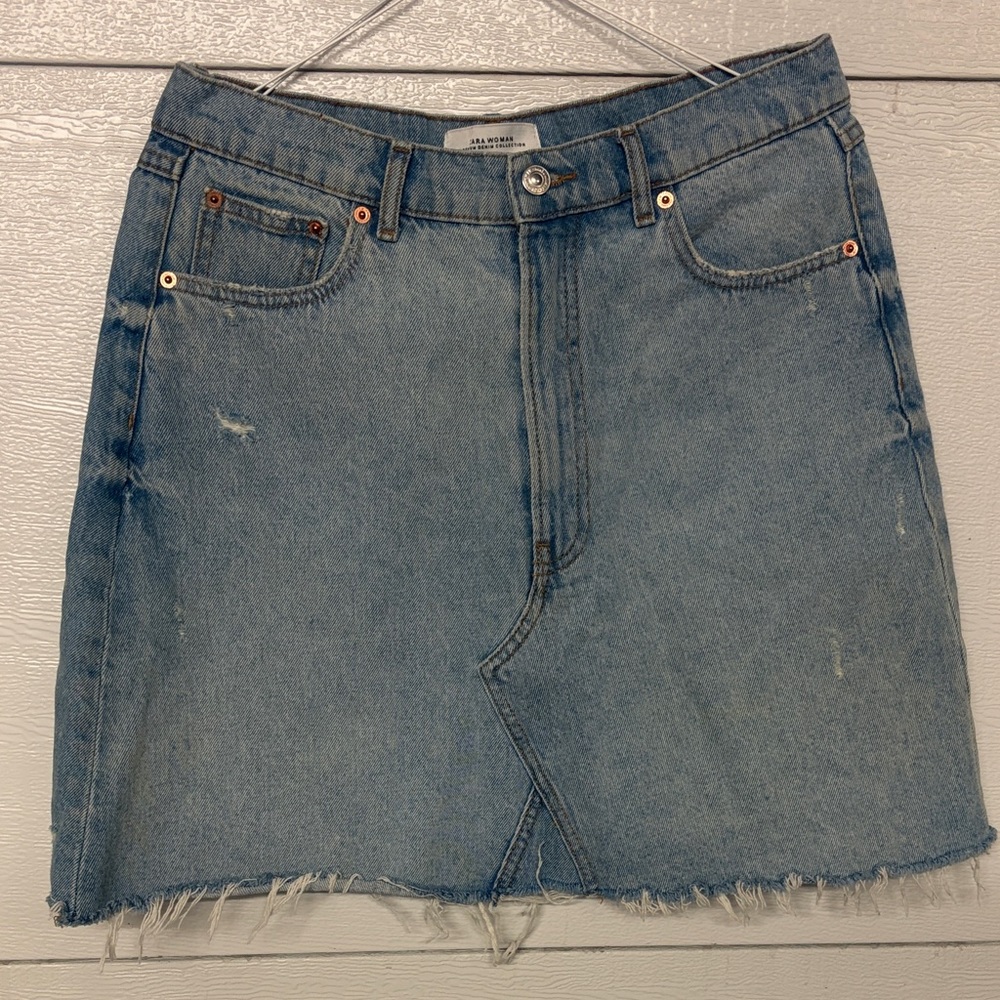 Zara Light Blue Denim Mini Skirt with Raw Hem